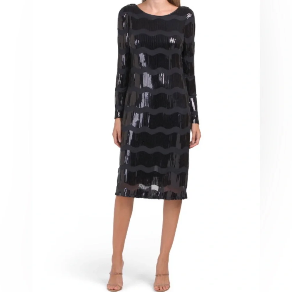 Anthro NANETTE LEPORE Black Wavy Sequin Striped Long Sleeve Dress - Picture 4 of 16